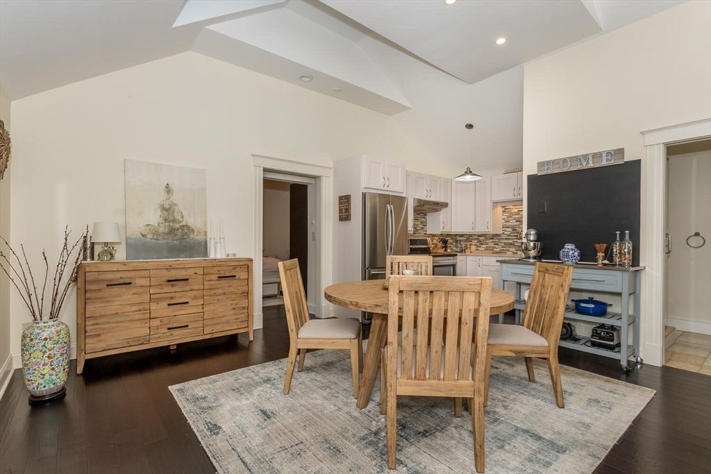 Dining room, Interior, Kitchen, Pendant Lights, Recessed Lighting, Stainless Steel Appliances, Wood Texture Flooring