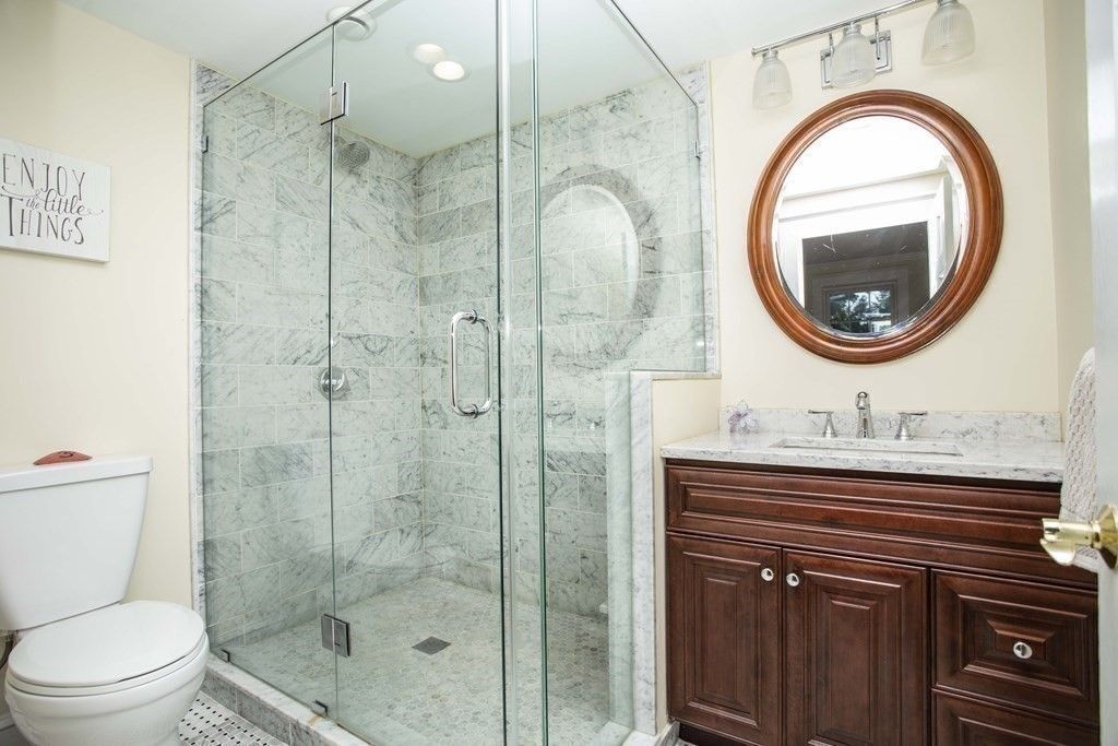 Bathroom, Glass Shower, Interior, Marble Walls, Recessed Lighting
