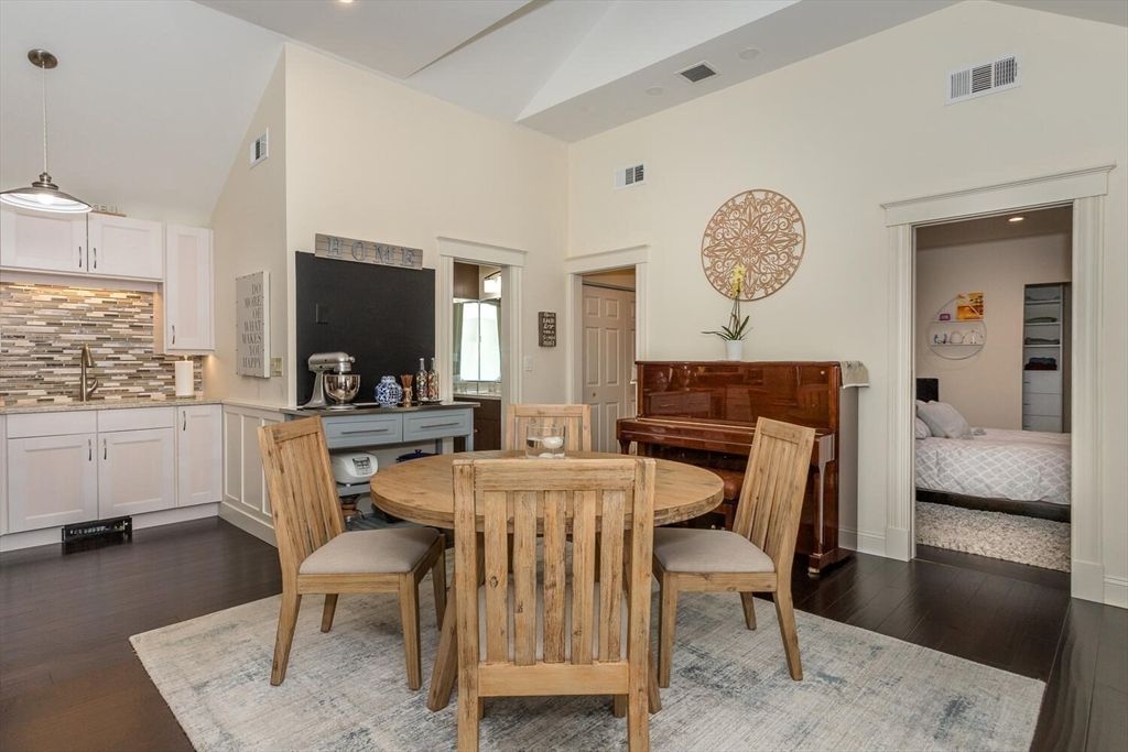 Bedroom, Dining room, Interior, Pendant Lights, Recessed Lighting, Wood Texture Flooring