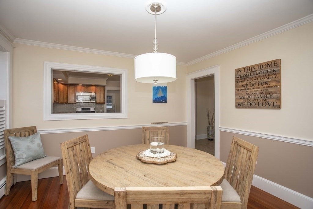 Dining room, Interior, Pendant Lights, Stainless Steel Appliances, Wood Texture Flooring