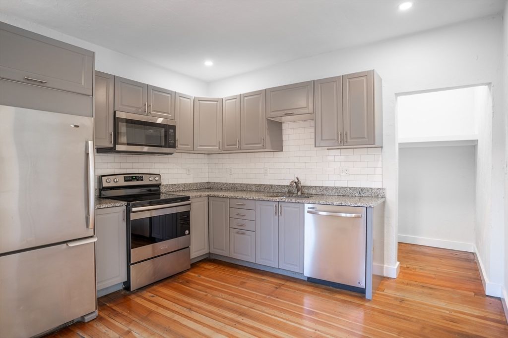 Interior, Kitchen, Recessed Lighting, Stainless Steel Appliances, Wood Texture Flooring