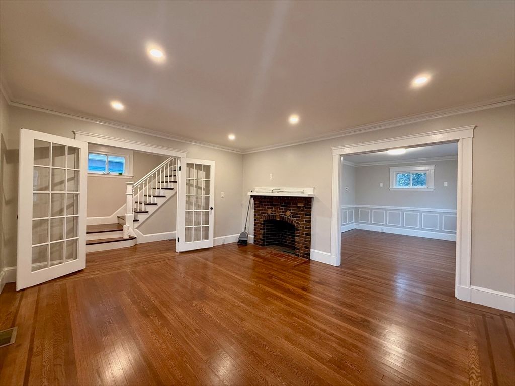 Empty room, Fireplace, Interior, Recessed Lighting, Wood Texture Flooring