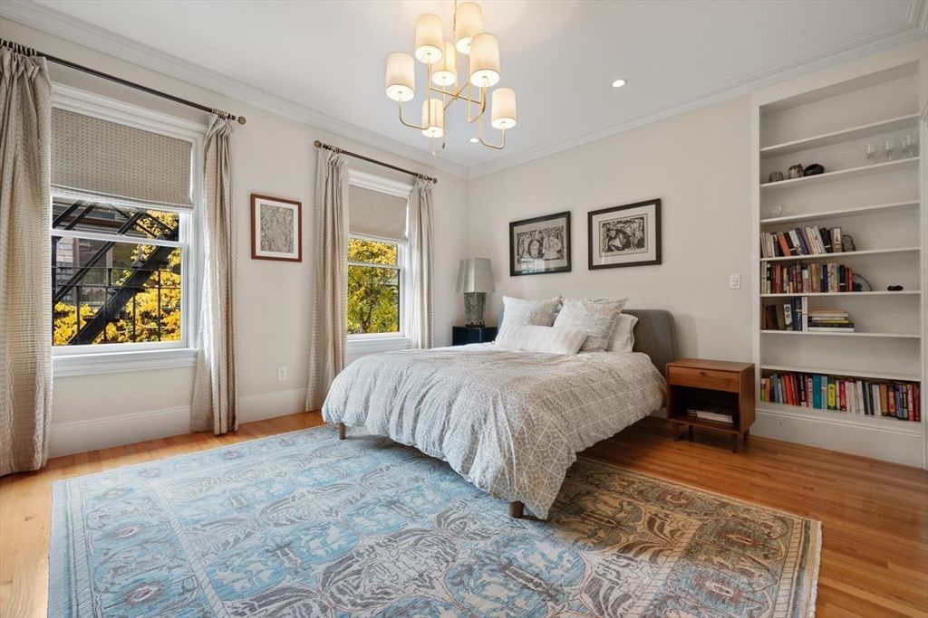 Bedroom, Chandelier, Interior, Recessed Lighting, Wood Texture Flooring