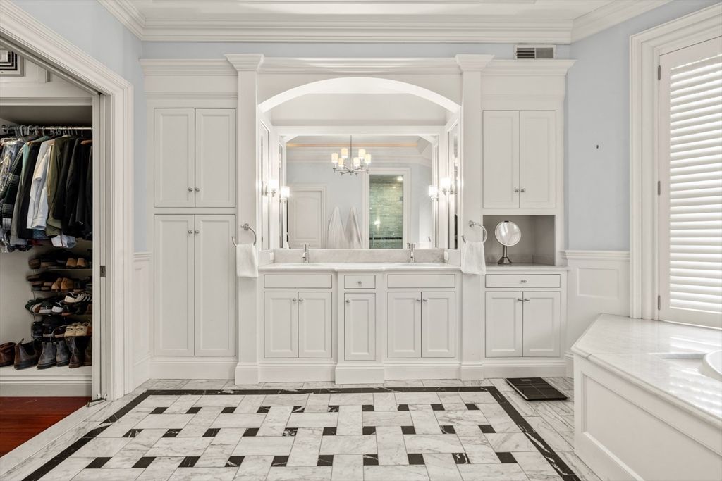 Bathroom, Chandelier, Dual Sink Vanities, Interior, Marble, Walk-in Closets, Wood Texture Flooring