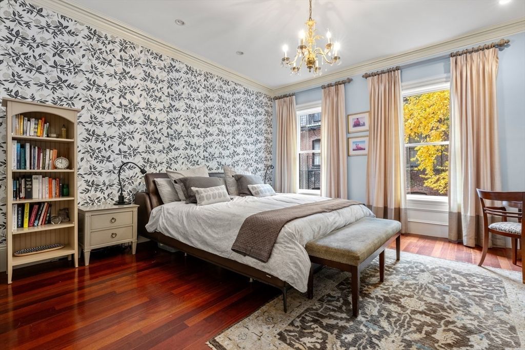 Bedroom, Chandelier, Interior, Recessed Lighting, Wood Texture Flooring