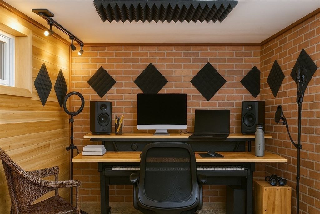 Home Office, Interior, Stone Walls, Wood Texture Flooring, Wooden Walls