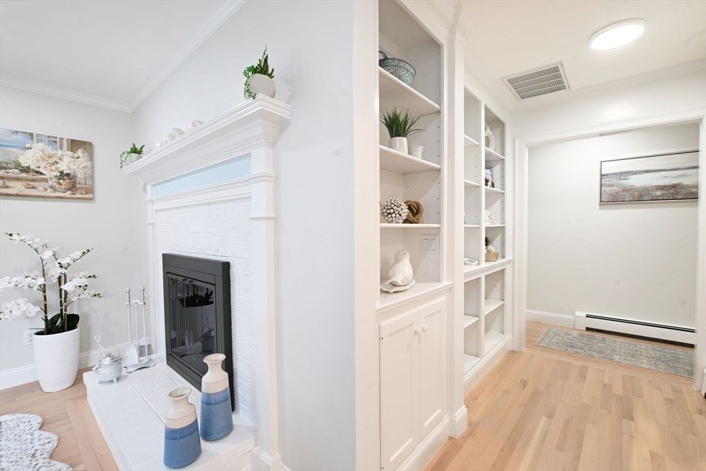 Fireplace, Interior, Recessed Lighting, Wood Texture Flooring