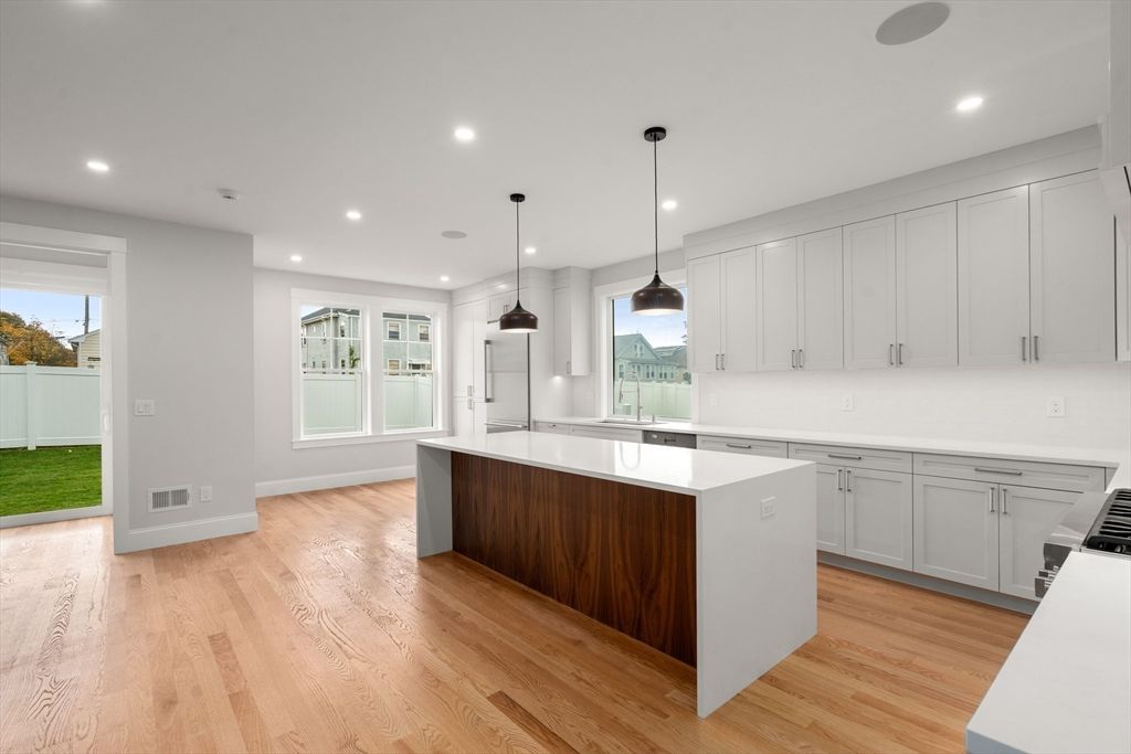 Interior, Kitchen, Pendant Lights, Recessed Lighting, Wood Texture Flooring