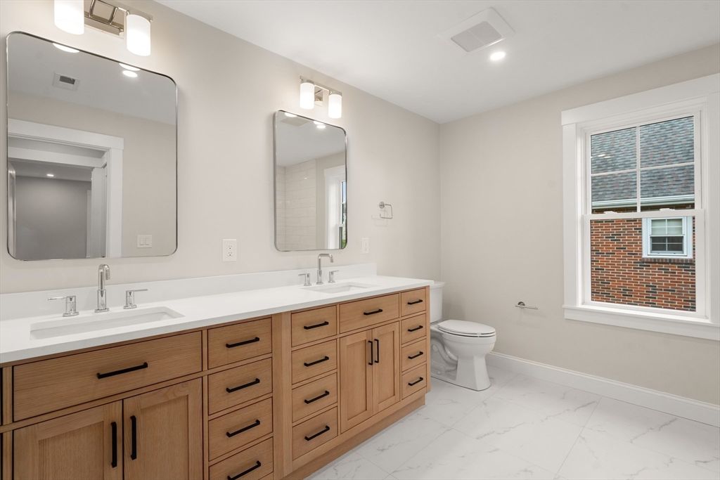 Bathroom, Dual Sink Vanities, Interior, Marble, Recessed Lighting