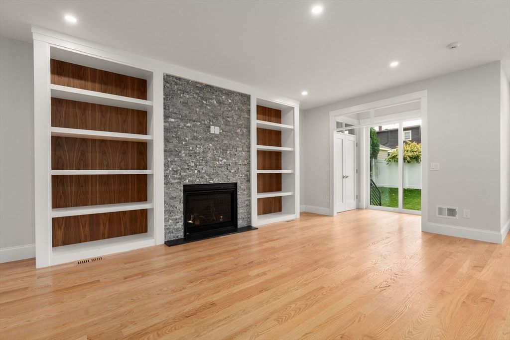 Empty room, Fireplace, Interior, Recessed Lighting, Wood Texture Flooring