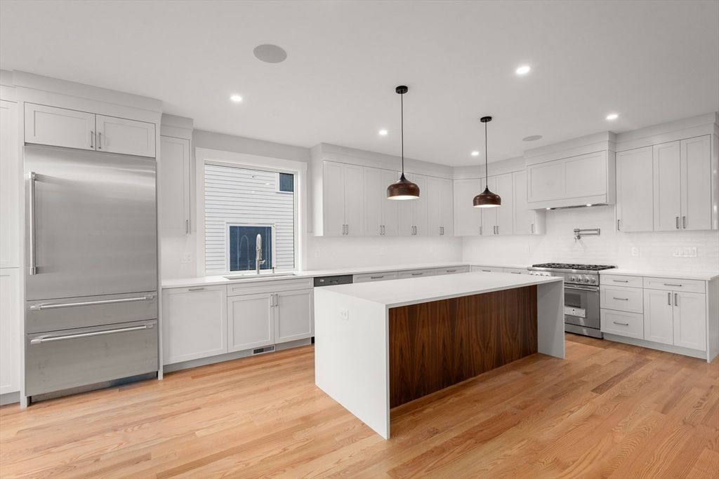 Interior, Kitchen, Pendant Lights, Recessed Lighting, Stainless Steel Appliances, Wood Texture Flooring