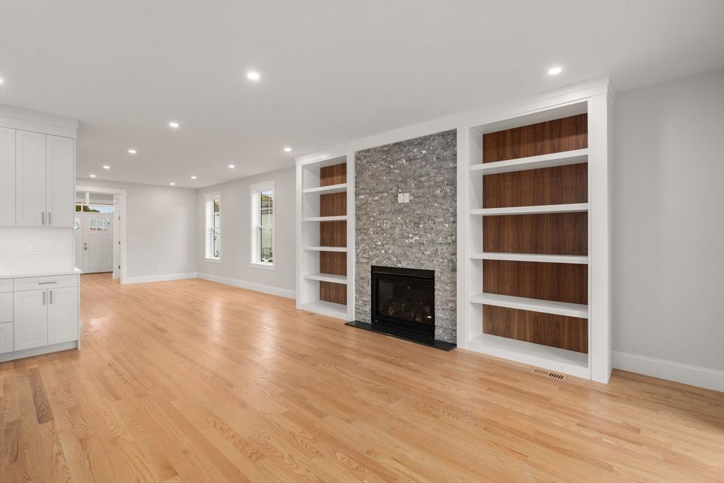 Empty room, Fireplace, Interior, Recessed Lighting, Wood Texture Flooring