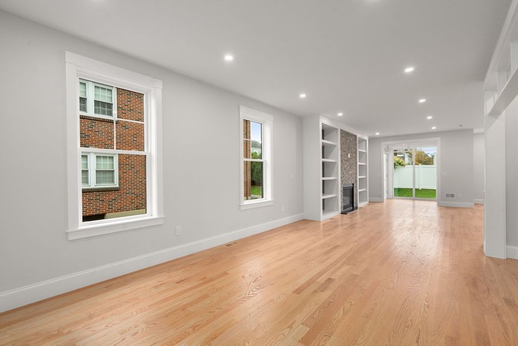 Empty room, Fireplace, Interior, Recessed Lighting, Wood Texture Flooring