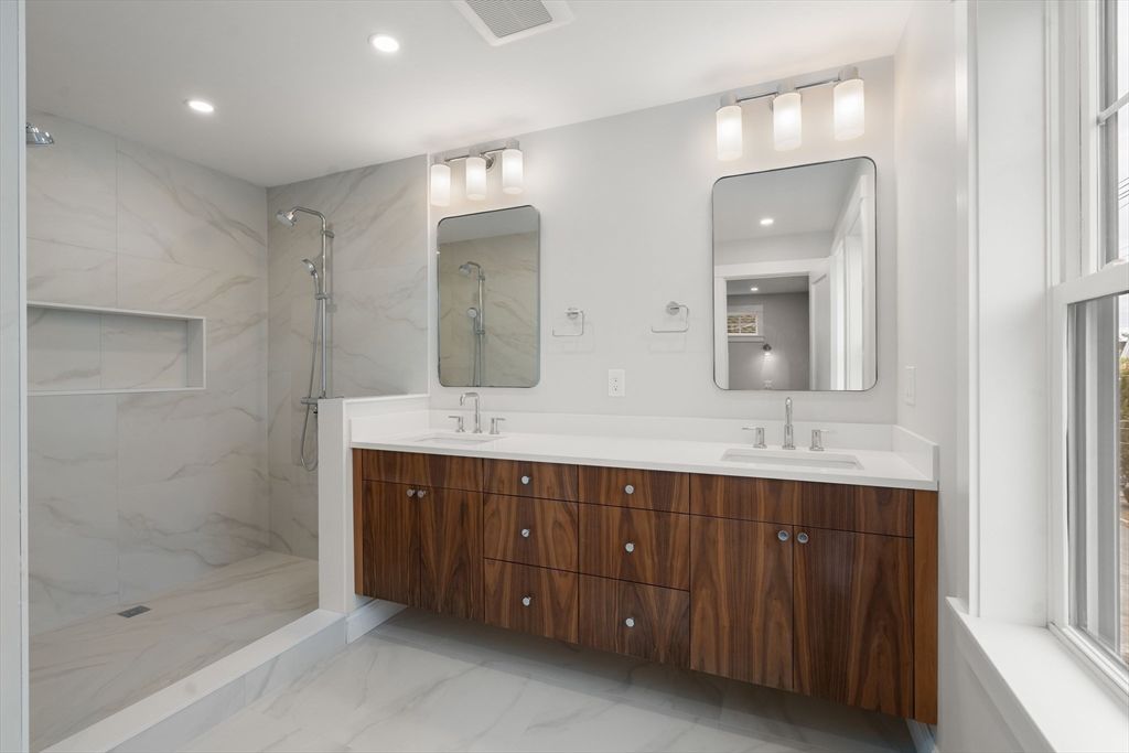 Bathroom, Dual Sink Vanities, Interior, Marble, Marble Walls, Recessed Lighting