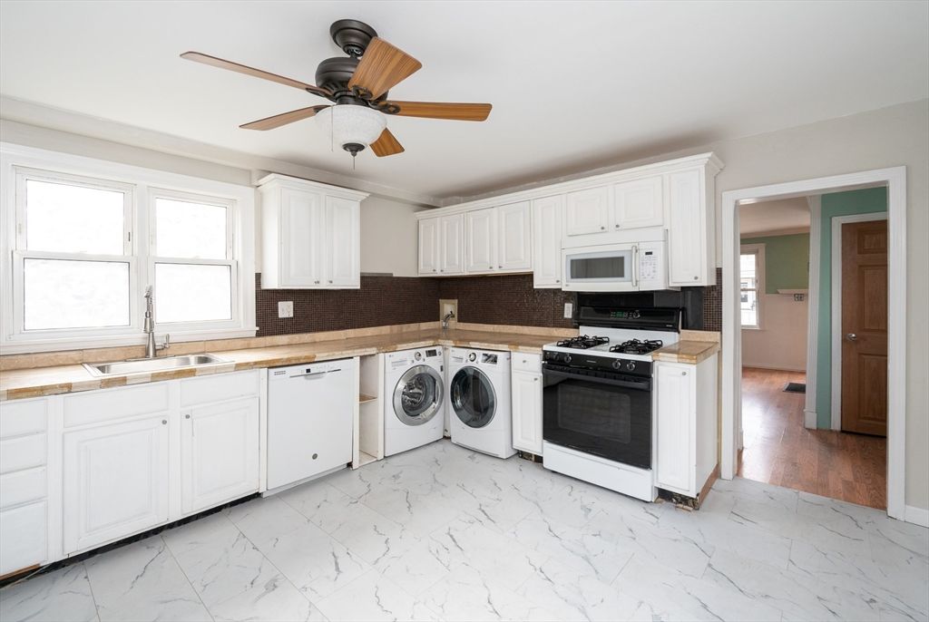 Interior, Kitchen, Marble, Tile Countertops, Washer