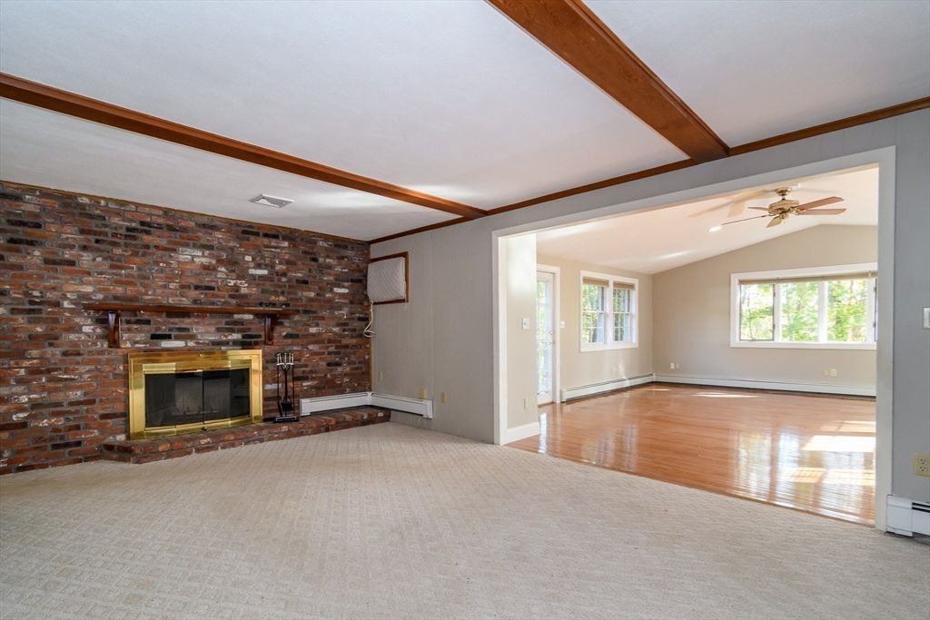 Empty room, Fireplace, Interior, Stone Walls, Wooden Beams, Wood Texture Flooring
