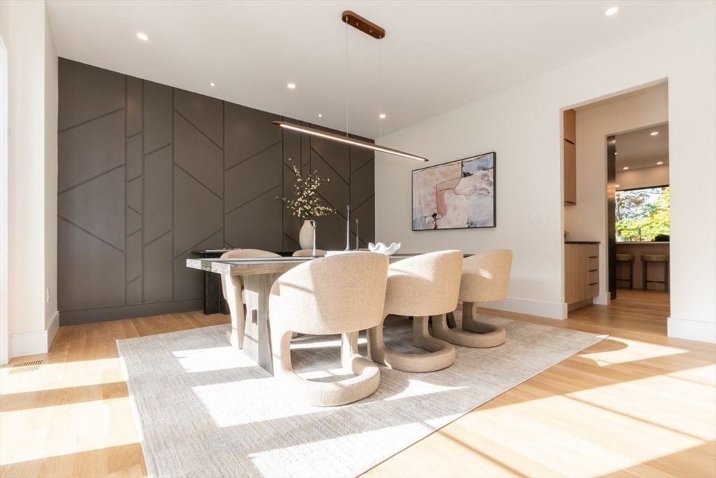 Dining room, Interior, Pendant Lights, Recessed Lighting, Wood Texture Flooring