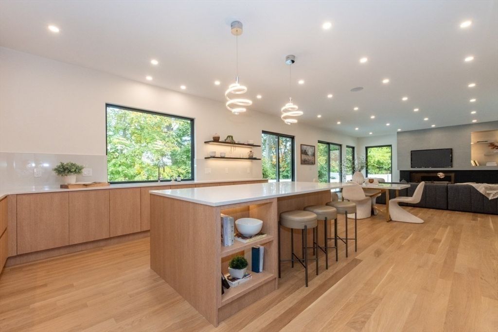 Dining room, Fireplace, Interior, Living room, Pendant Lights, Recessed Lighting, Wood Texture Flooring