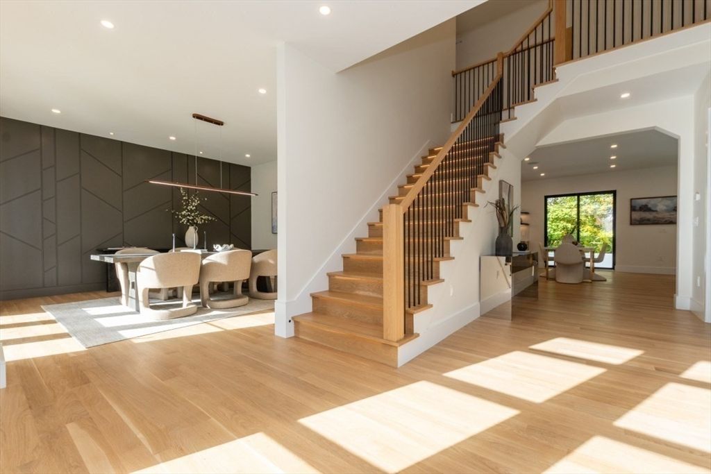Dining room, Interior, Pendant Lights, Recessed Lighting, Wood Texture Flooring