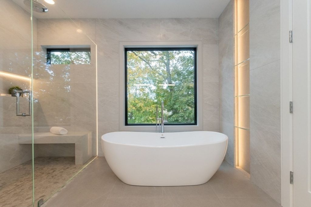 Bathroom, Free Standing Baths, Glass Shower, Interior, Recessed Lighting