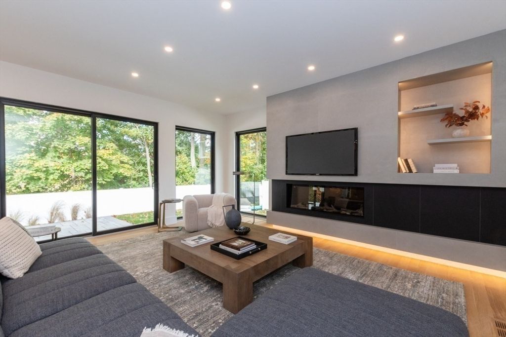 Fireplace, Interior, Living room, Recessed Lighting, Wood Texture Flooring