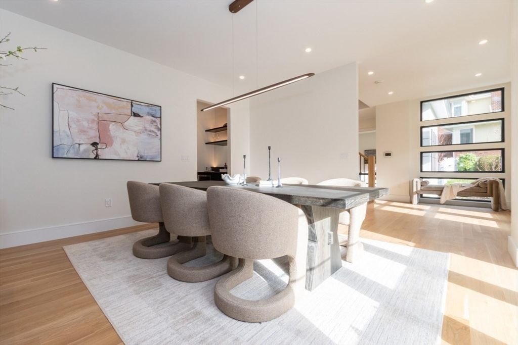 Dining room, Interior, Pendant Lights, Recessed Lighting, Wood Texture Flooring
