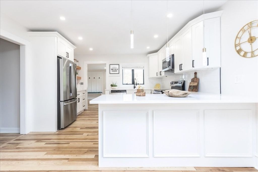 Interior, Kitchen, Pendant Lights, Recessed Lighting, Stainless Steel Appliances, Wood Texture Flooring