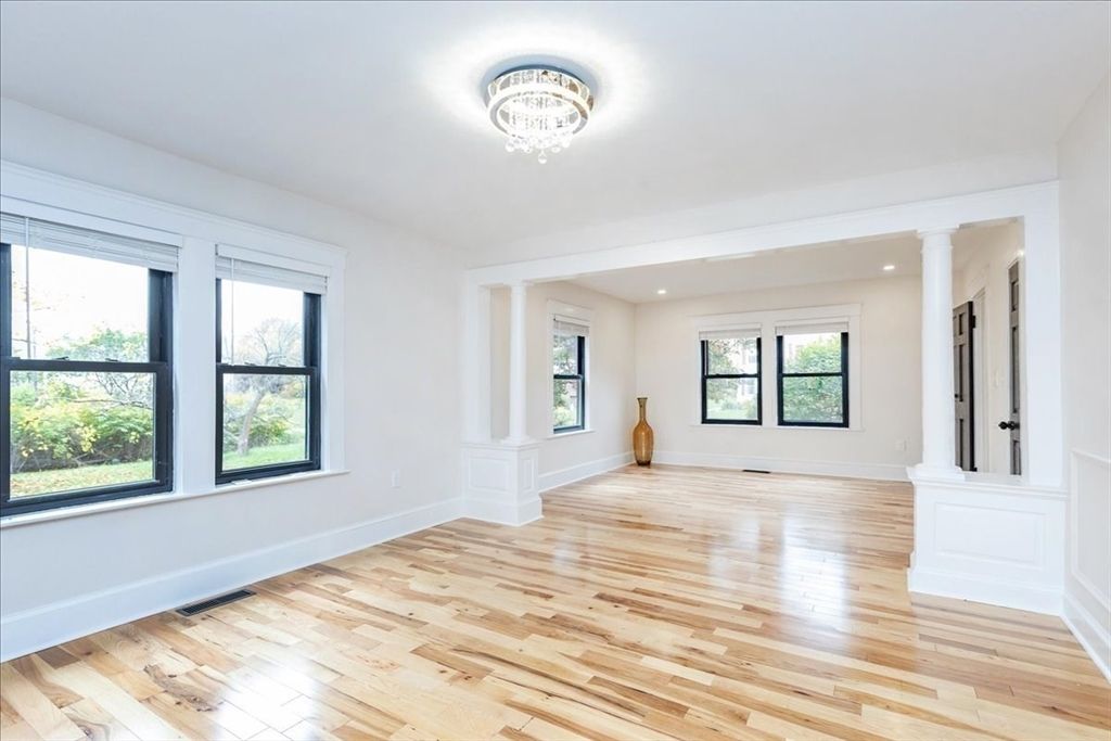 Chandelier, Empty room, Interior, Recessed Lighting, Wood Texture Flooring