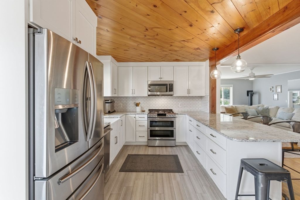 Interior, Kitchen, Pendant Lights, Stainless Steel Appliances, Wooden Ceilings, Wood Texture Flooring