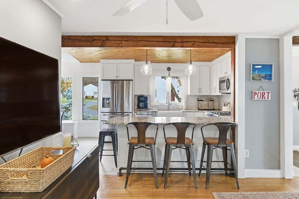 Interior, Kitchen, Pendant Lights, Stainless Steel Appliances, Wooden Ceilings, Wood Texture Flooring
