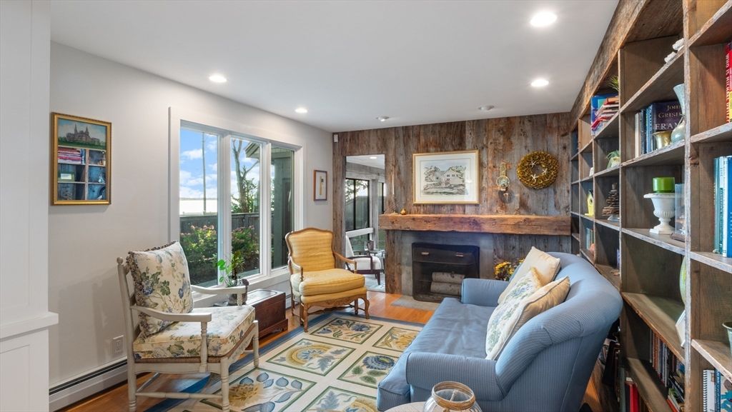 Fireplace, Interior, Living room, Recessed Lighting, Wood Texture Flooring, Wooden Walls