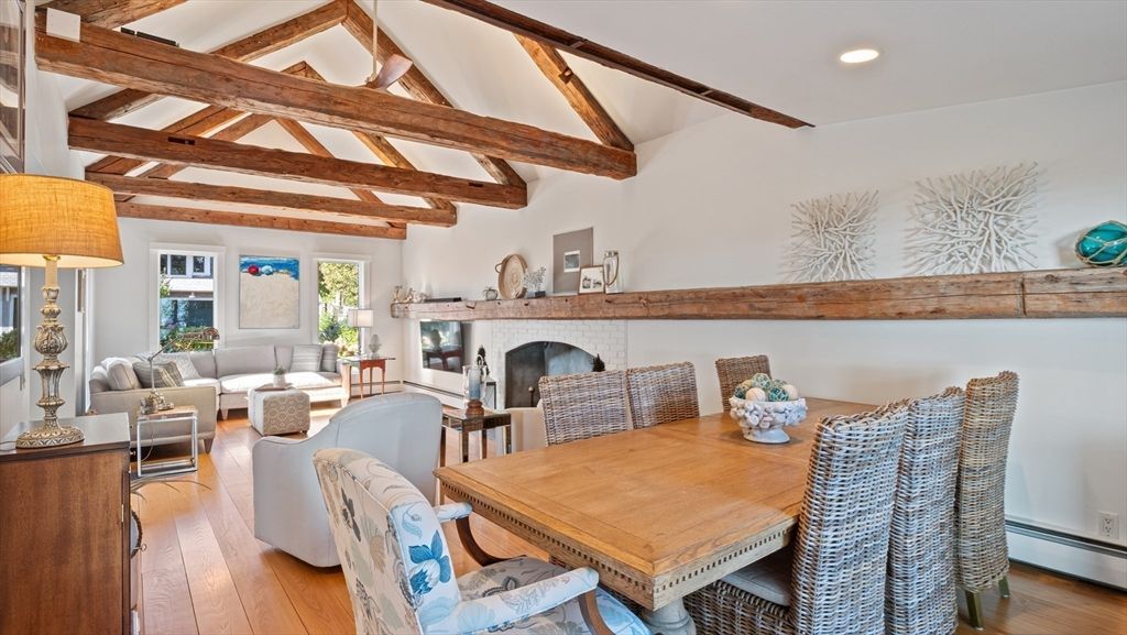 Dining room, Fireplace, Interior, Living room, Recessed Lighting, Wooden Beams, Wood Texture Flooring