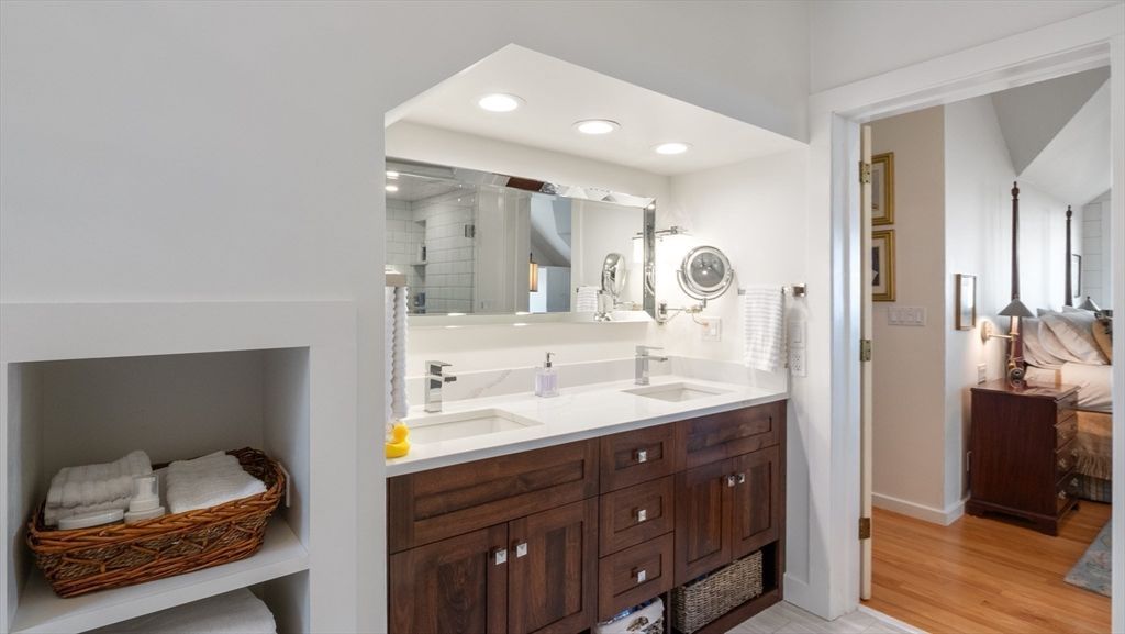 Bathroom, Dual Sink Vanities, Interior, Recessed Lighting, Wood Texture Flooring