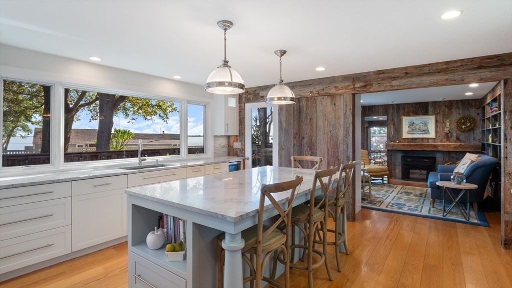 Fireplace, Interior, Kitchen, Pendant Lights, Recessed Lighting, Wood Texture Flooring