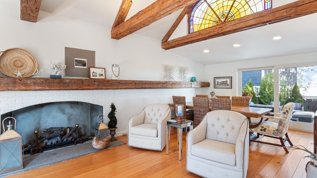 Dining room, Fireplace, Interior, Recessed Lighting, Wooden Beams, Wood Texture Flooring