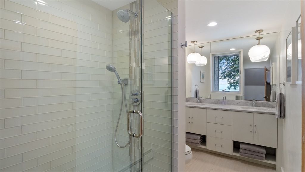 Bathroom, Dual Sink Vanities, Glass Shower, Interior, Pendant Lights, Recessed Lighting