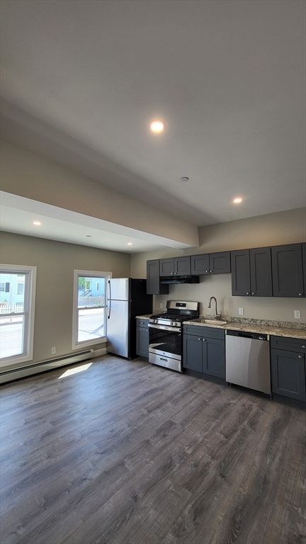 Interior, Kitchen, Recessed Lighting, Stainless Steel Appliances, Wood Texture Flooring