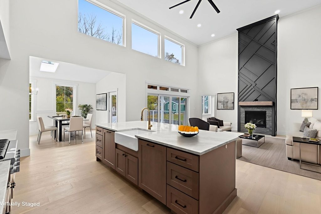 Dining room, Fireplace, Interior, Kitchen, Living room, Recessed Lighting, Wood Texture Flooring