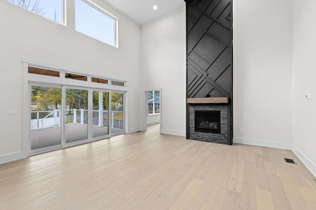 Empty room, Fireplace, Interior, Recessed Lighting, Wood Texture Flooring