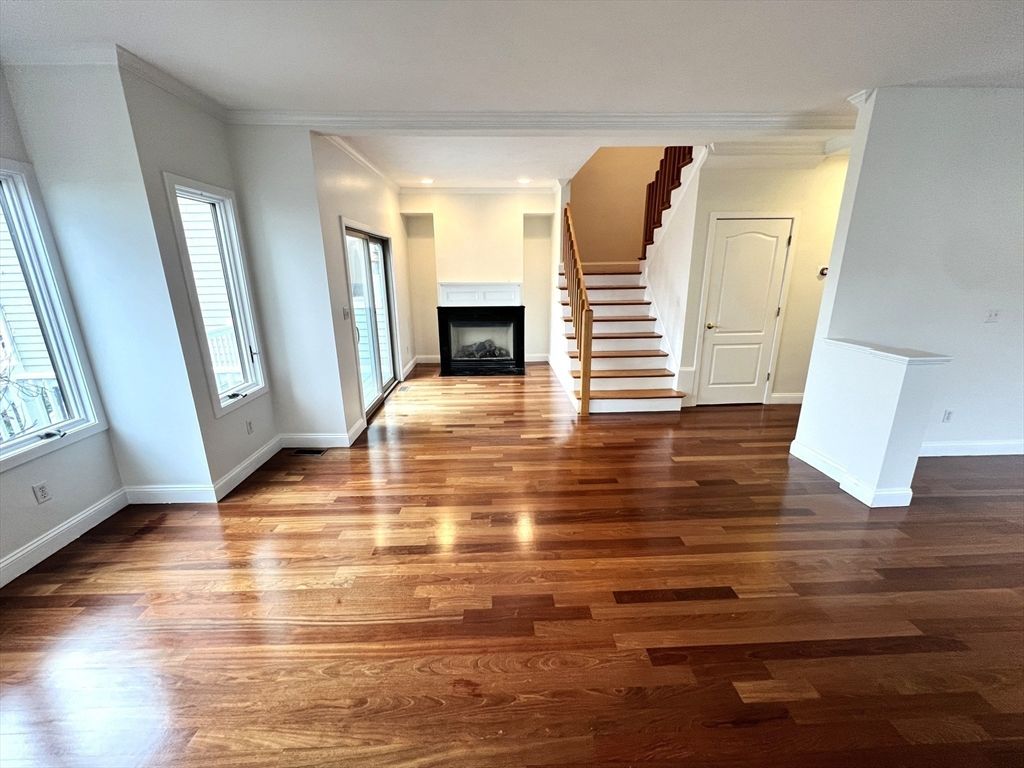 Empty room, Fireplace, Interior, Recessed Lighting, Wood Texture Flooring