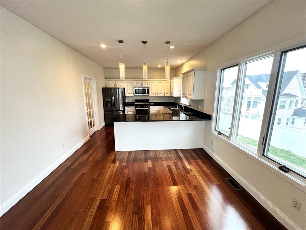 Interior, Kitchen, Pendant Lights, Recessed Lighting, Stainless Steel Appliances, Wood Texture Flooring