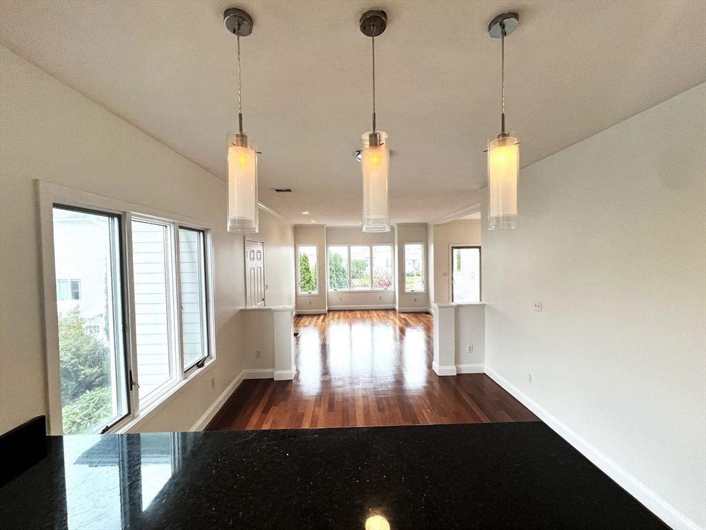 Empty room, Interior, Pendant Lights, Recessed Lighting, Wood Texture Flooring