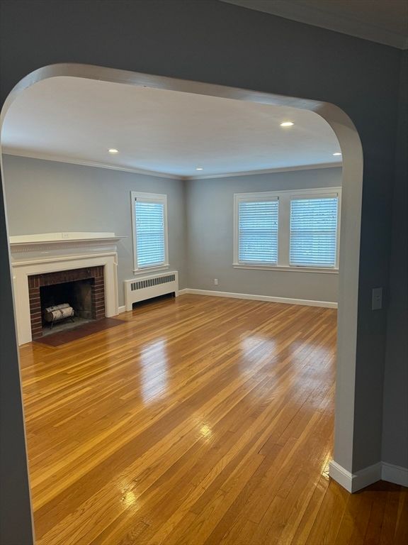 Empty room, Fireplace, Interior, Recessed Lighting, Wood Texture Flooring