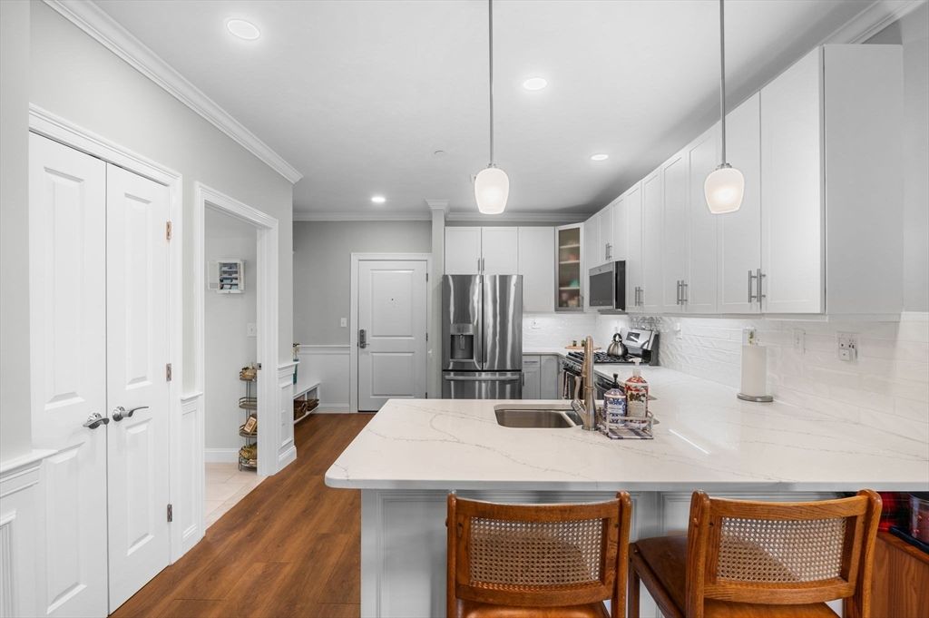 Interior, Kitchen, Pendant Lights, Recessed Lighting, Stainless Steel Appliances, Wood Texture Flooring