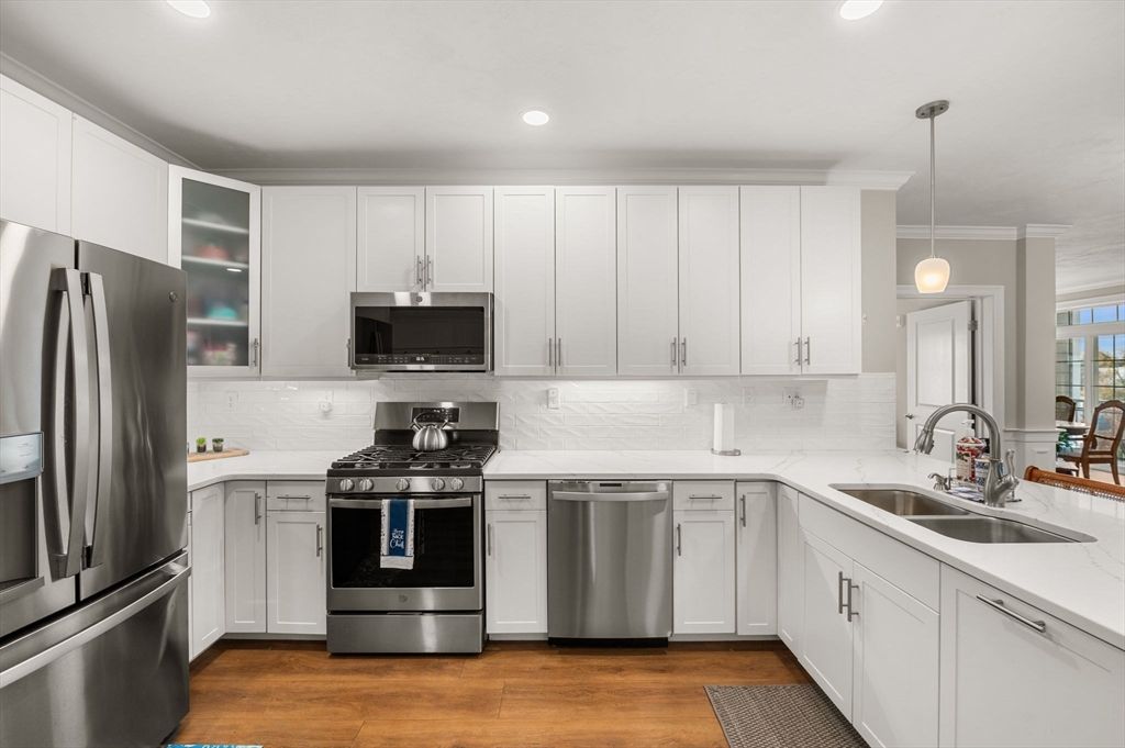 Interior, Kitchen, Pendant Lights, Recessed Lighting, Stainless Steel Appliances, Wood Texture Flooring