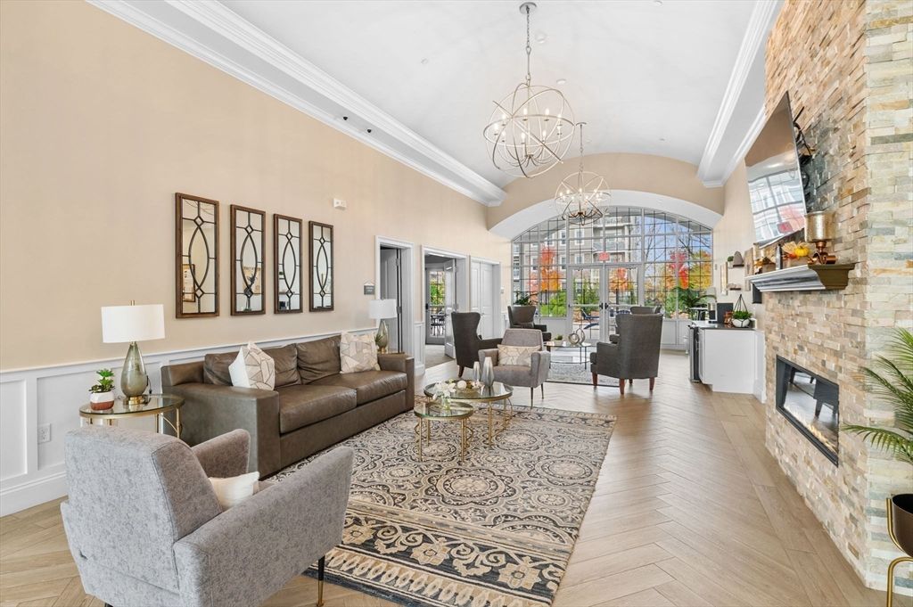 Chandelier, Dining room, Fireplace, Interior, Living room, Stone Walls, Wood Texture Flooring