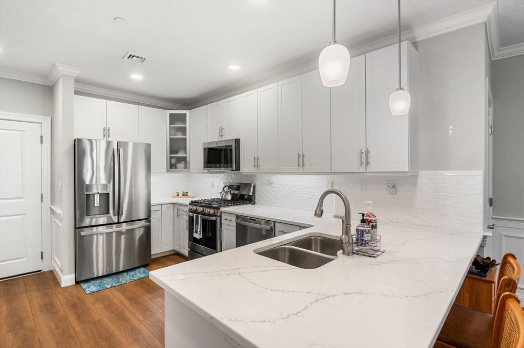 Interior, Kitchen, Pendant Lights, Recessed Lighting, Stainless Steel Appliances, Wood Texture Flooring