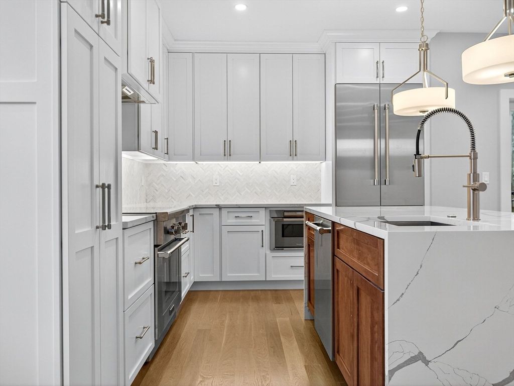 Interior, Kitchen, Pendant Lights, Recessed Lighting, Stainless Steel Appliances, Wood Texture Flooring