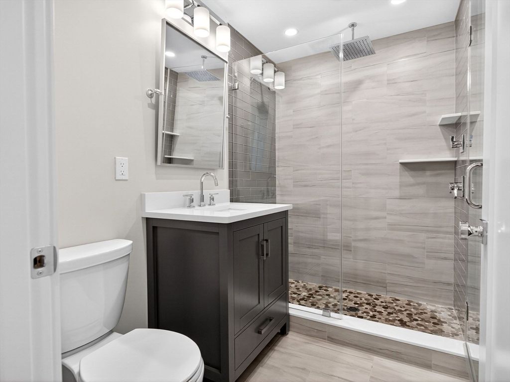 Bathroom, Glass Shower, Interior, Recessed Lighting, Wood Texture Flooring