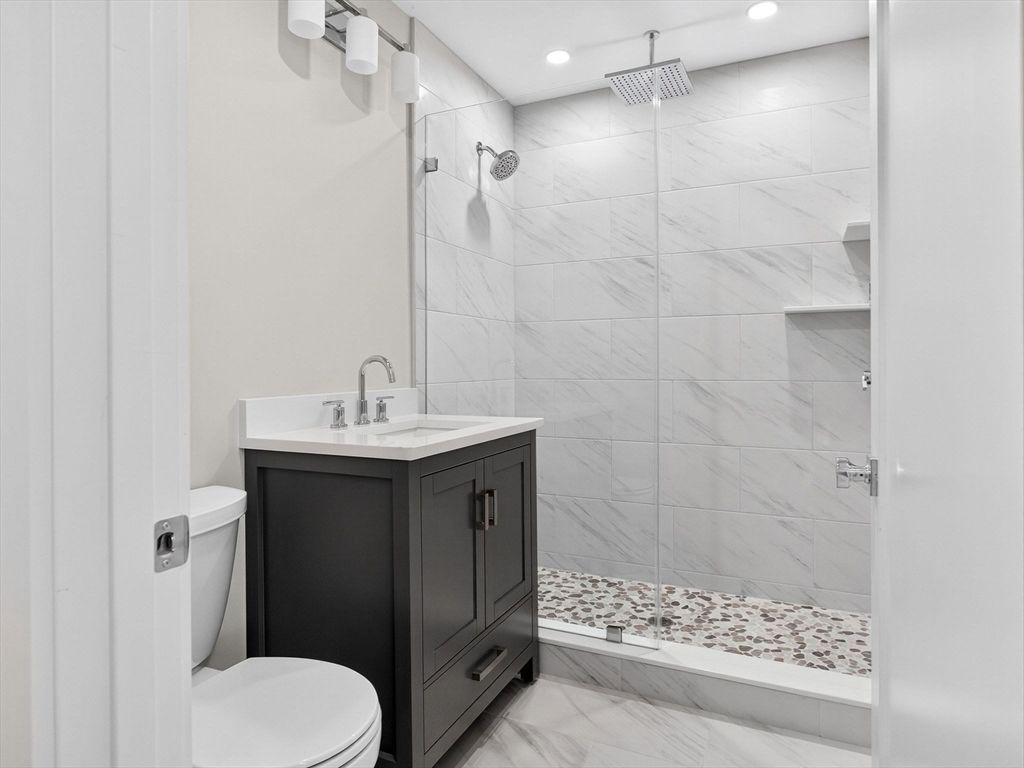 Bathroom, Glass Shower, Interior, Marble, Marble Walls, Recessed Lighting